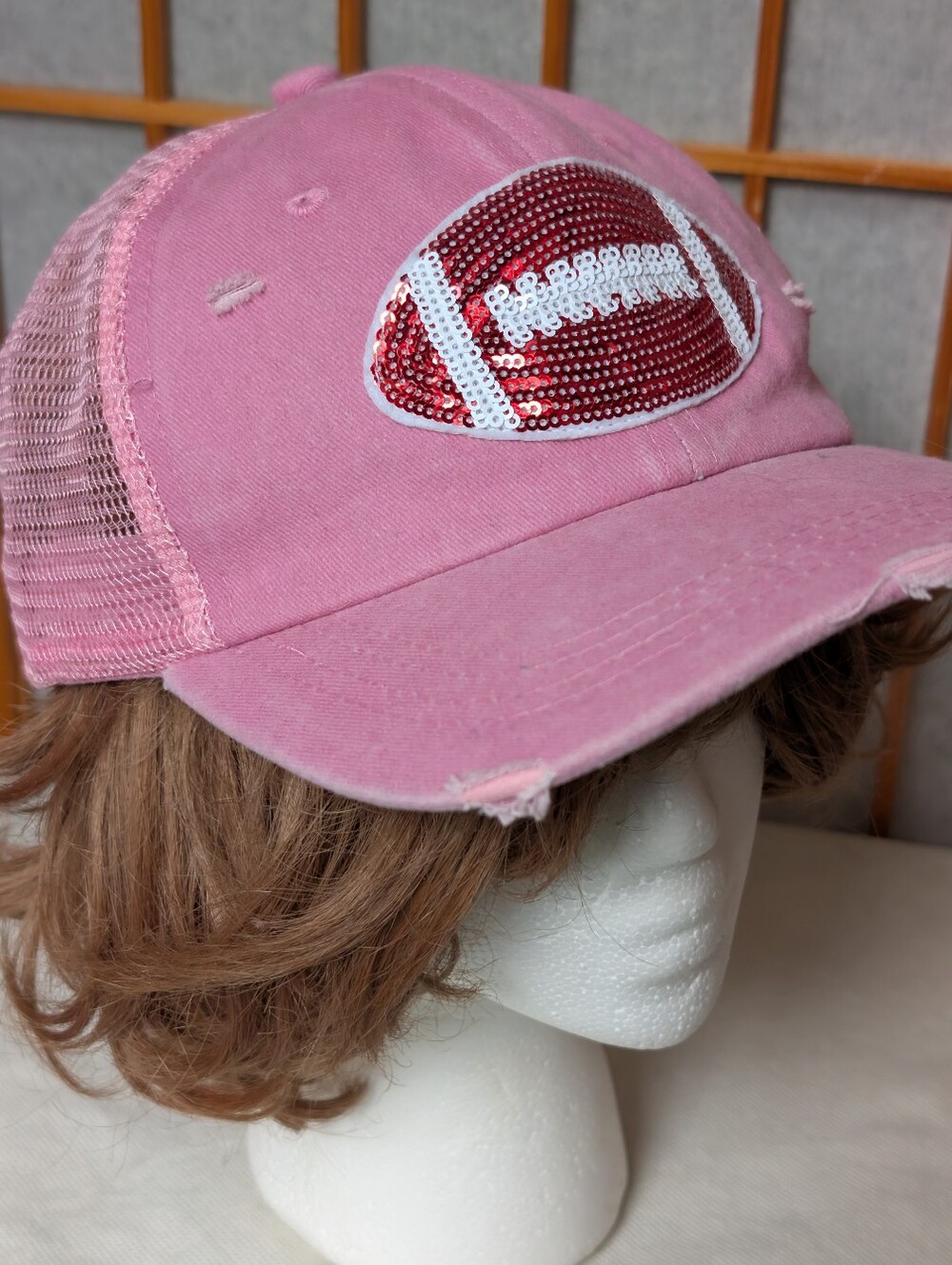 🏈 Game Day Sparkle Distressed Trucker Hat – Pink & Sequin Football Ball Cap